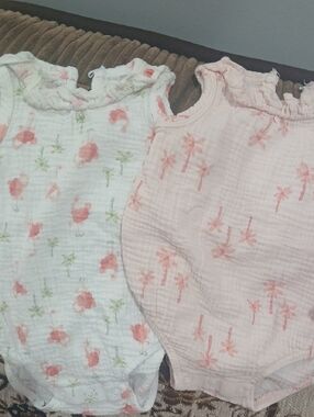 Baby Girls' Sleeveless Muslin Rompers - Coral Palm Print